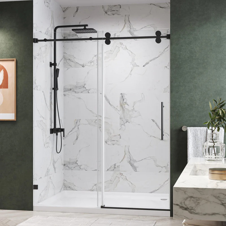 Export to North America certified one-word frameless single sliding shower door 304 stainless steel pull rod double hanging wheel shower room Export to North America certified one-word frameless single sliding shower door 304 stainless steel pull rod double hanging wheel shower room