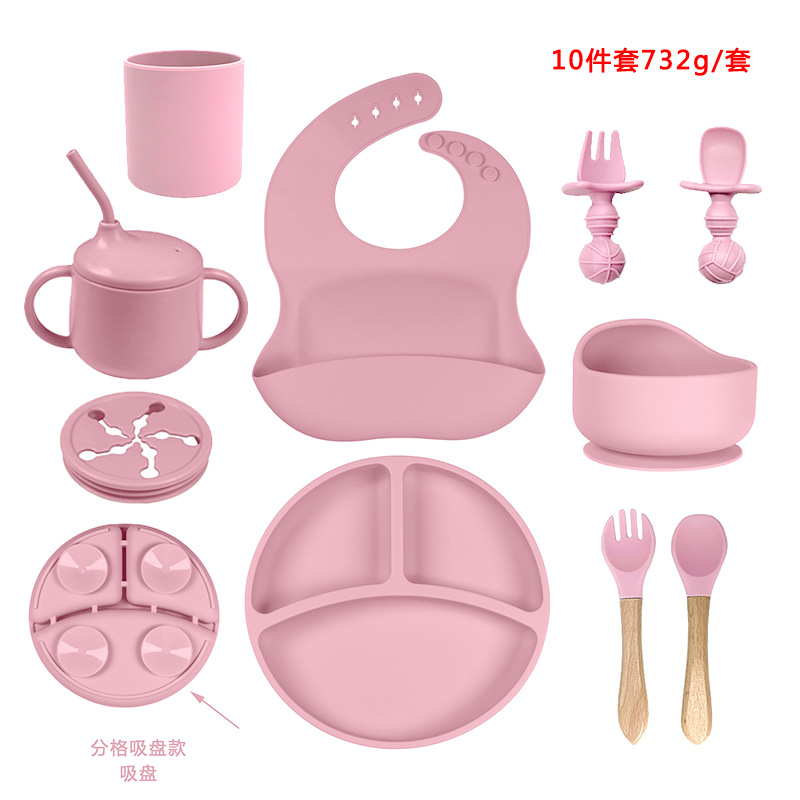 Bebé de silicona plato bebé ventosa compartimento tazón tenedor cuchara babero auto-alimentación niños suplemento alimenticio traje vajilla