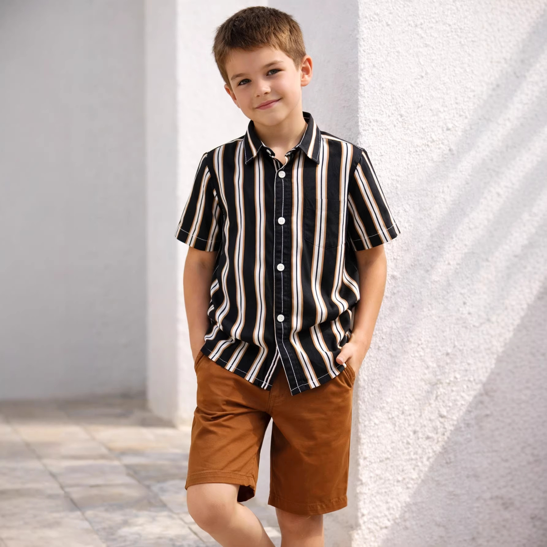 Lx51010 Cross-Border Trade Summer Boys' Black and White Striped Shirt + Casual Shorts Two-Piece Set
