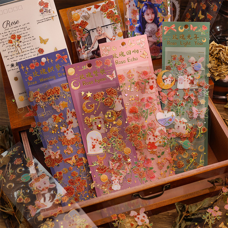 Rosa suprema serie tridimensional dorado mano cuenta pegatinas diy impermeable pvc goka lindo material decorativo papelería pegatinas