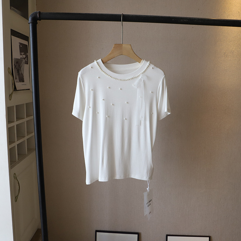 [Bizheng] 2025 初秋新作韓国風レディースラウンドネックビーズレースリボンスリムカジュアル Tシャツ 4513|undefined