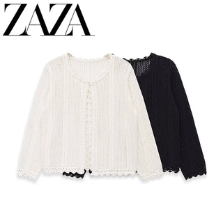 ZAZA 自制欧美风 批发女装 时尚百搭气质 长袖圆领镂空针织衫外套