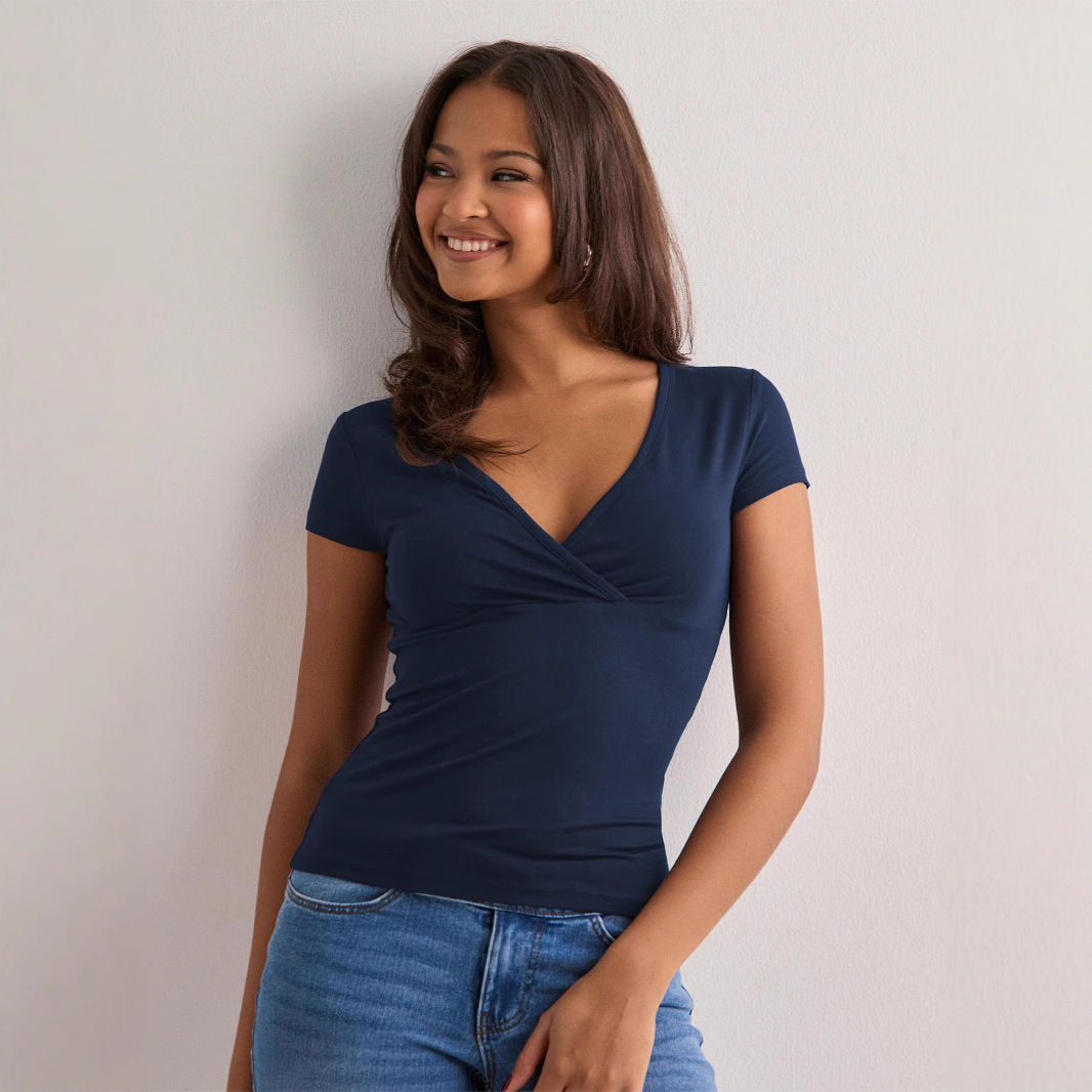 Women's Slim Fit T-Shirt Deep V Neck Solid Color European American Style Fashion Top for Spring Summer_ecoleips.com