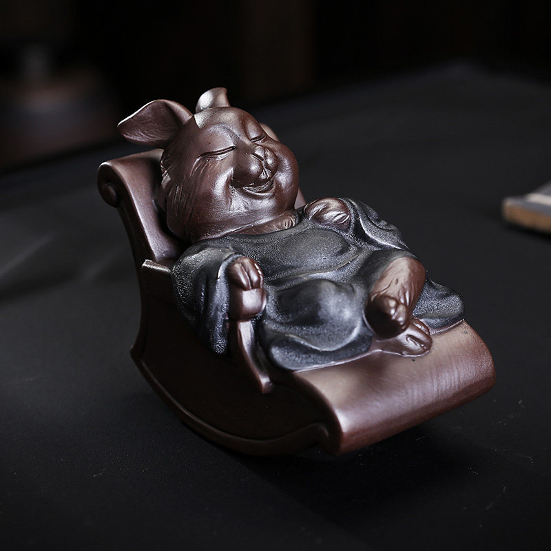 紫砂摇摇兔茶宠摆件精品可养生肖兔茶盘台茶空间装饰茶具茶桌配件