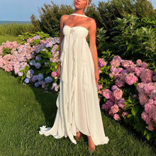 2025新款法式礼服裙时髦带挂脖性感抹胸星星装饰荷叶边连衣裙