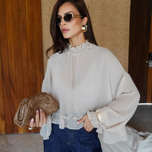 木耳边雪纺衫女外穿欧美跨境2025秋季薄款气质休闲蝙蝠袖法式小衫