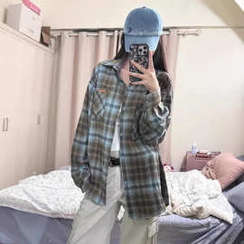 潮牌双色磨毛格子衬衫男女春季复古美式宽松长袖衬衣情侣外套