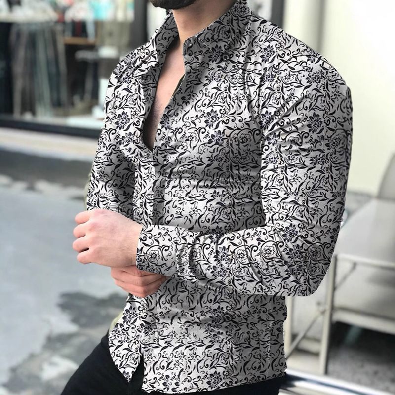 European and American Foreign Trade Cross-Border New Men's Long-Sleeved Shirts Multi-Gold Uncle Style Trendy Fashion Slim Printed Shirts for Men