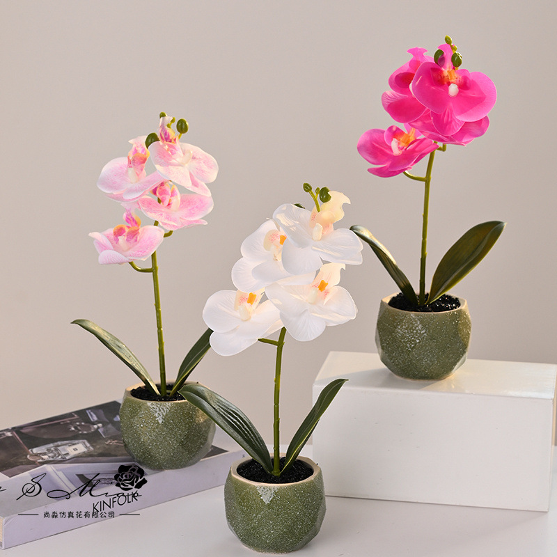 Flor artificial de Phalaenopsis de 4 flores, pequeño bonsái, decoración floral creativa y moderna, adorno, planta verde artificial, planta artificial en maceta image 3