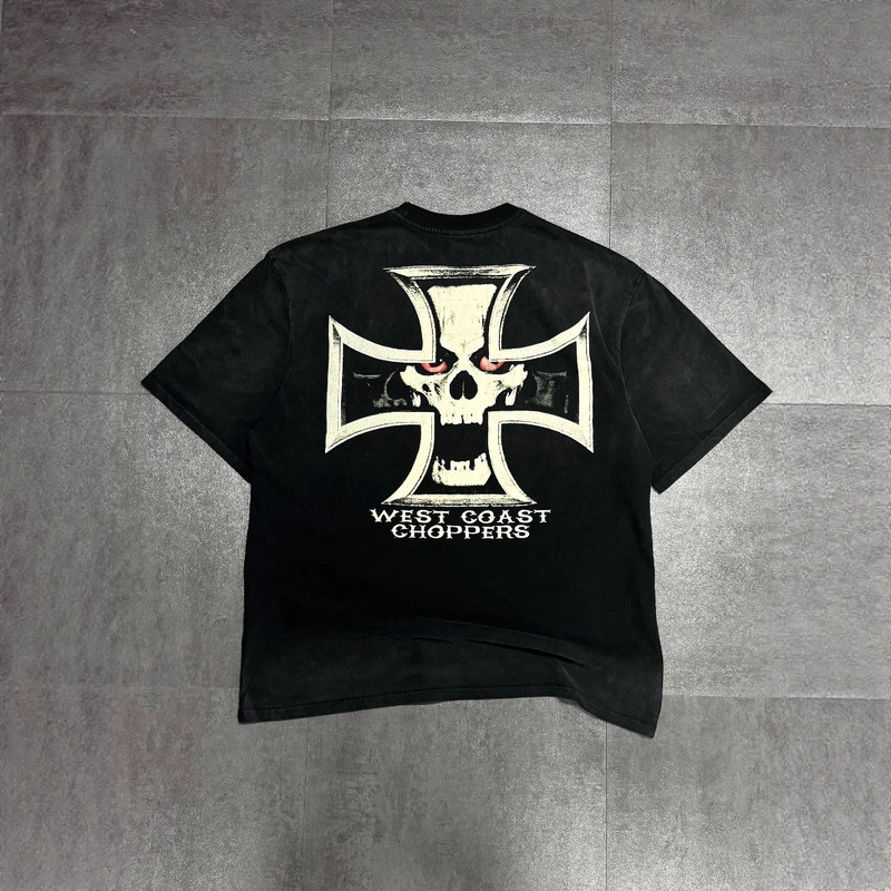 Csfgang West Coast Red-Eyed Skull West Coast Limited Spray Horse Washed Wasteland Style T-Shirt