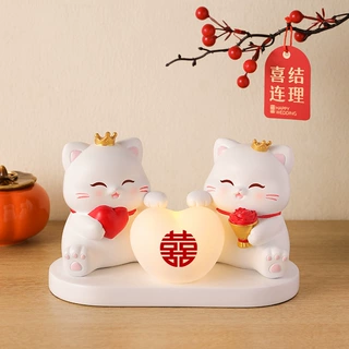 喜庆情侣樱花猫摆件长明灯新人订婚客厅桌面装饰新婚闺蜜结婚礼物