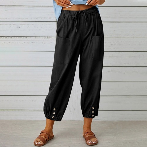 2025 European and American Amazon Wish Loose High-Waisted Buttoned Cotton Linen Pants Short Length Wide Leg Women's Pants