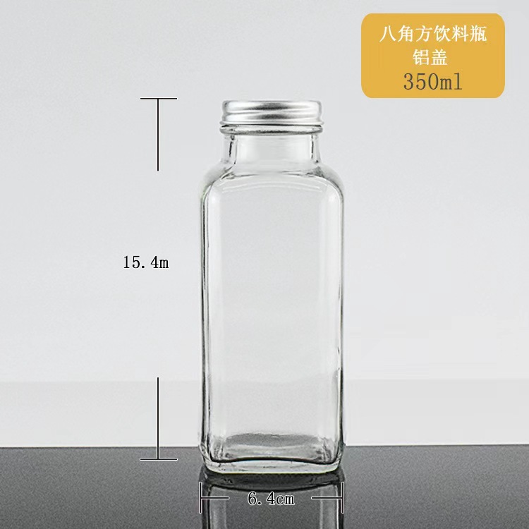 Fábrica al por mayor nueva cubierta de aluminio cuadrada para llevar botella de bebida octogonal leche té café botella sellada botella de vidrio de jugo