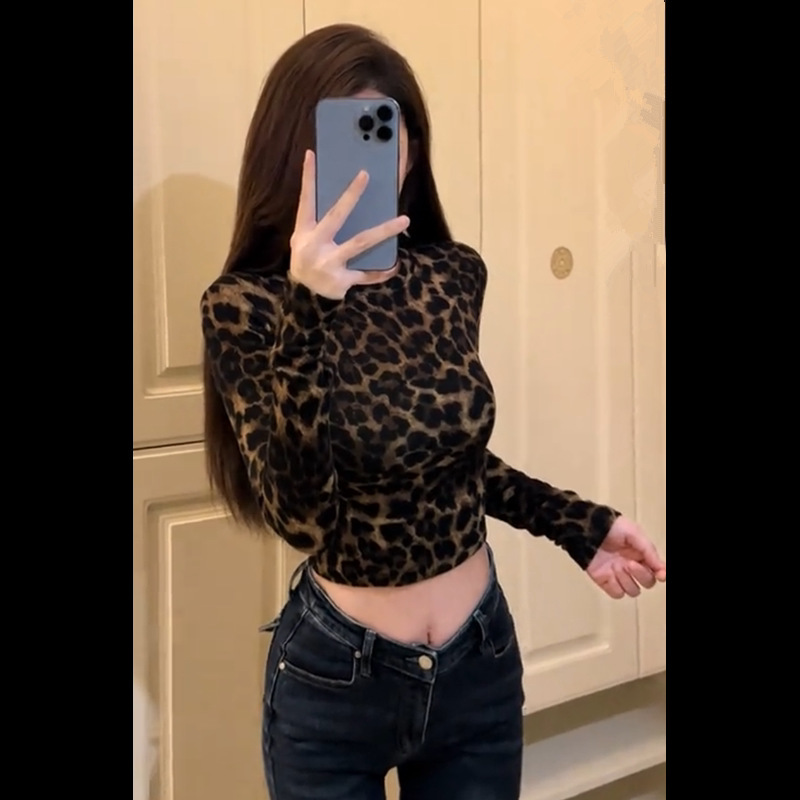 2026 Women's Vintage Leopard Print Long Sleeve Round Neck New Hot Girl T-Shirt Short Slim Fit Top