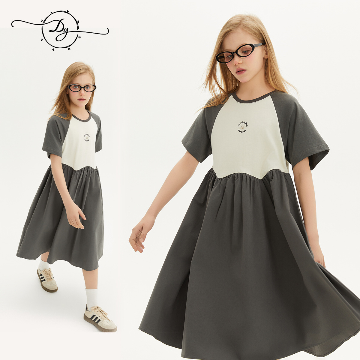 Girls' Dresses 2025 Summer New Style Medium and Large Children's Short-Sleeved Skirts Girls' Summer Style Long Skirts with Contrasting Color Splicing