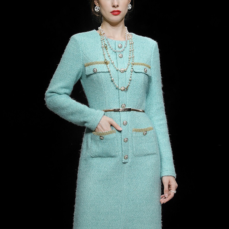 Autumn and Winter Women's New Elegant Lake Blue Slim-fit Tight Waist Slimming Tweed dress Long Dress