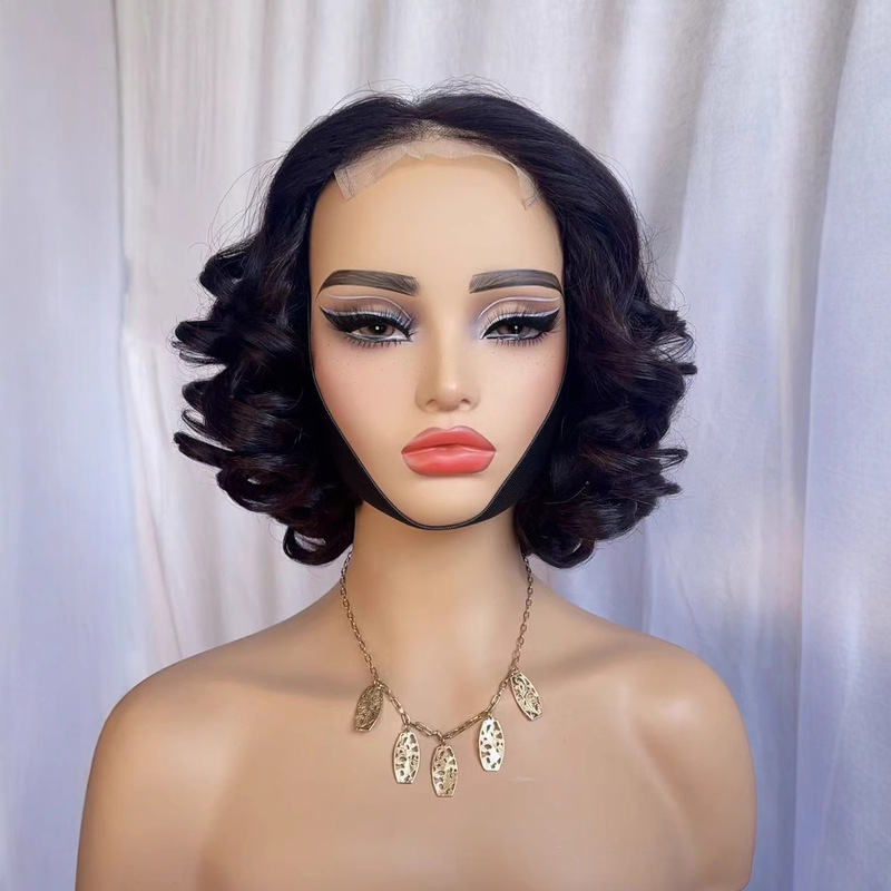 European and American Cross-border 4X4 Front Lace Full Real Hair Wig Headgear Medium and Short Fashion Roman Roll African Small Roll Foreign Trade