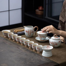 功夫茶具釉下彩盖碗茶壶茶杯整套泥人述 草木灰手绘红竹茶具套装
