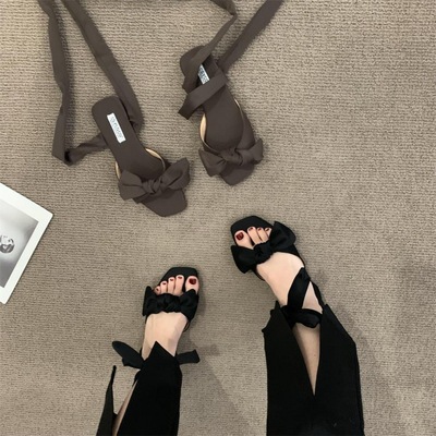 设计感小众平底鞋晚晚风气质小仙女蝴蝶结露趾凉鞋绑带女鞋子欧美|ms