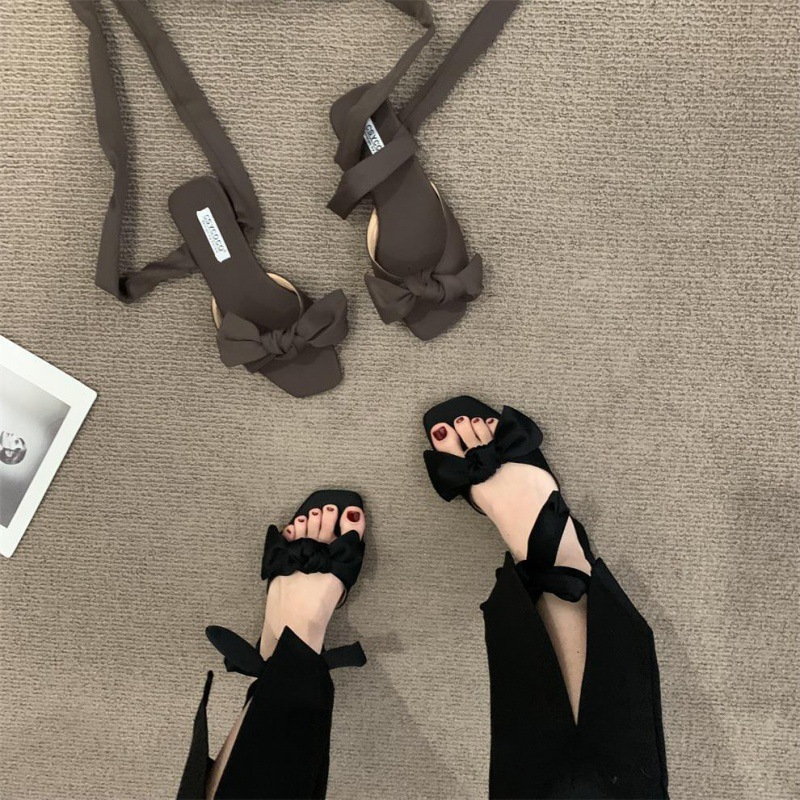 设计感小众平底鞋晚晚风气质小仙女蝴蝶结露趾凉鞋绑带女鞋子欧美|ms