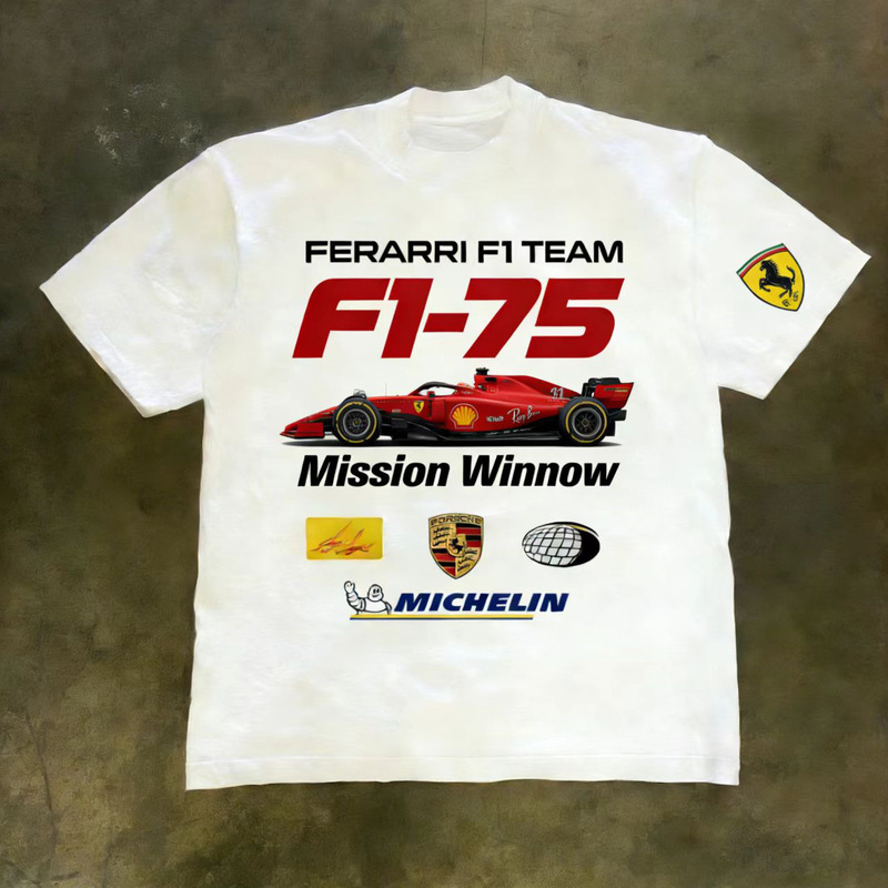 F1 Ferrari Short-Sleeved T-Shirt with Printed Sleeves on Both Sides for Men, 230g Combed Cotton, Summer Loose Cultural Shirt