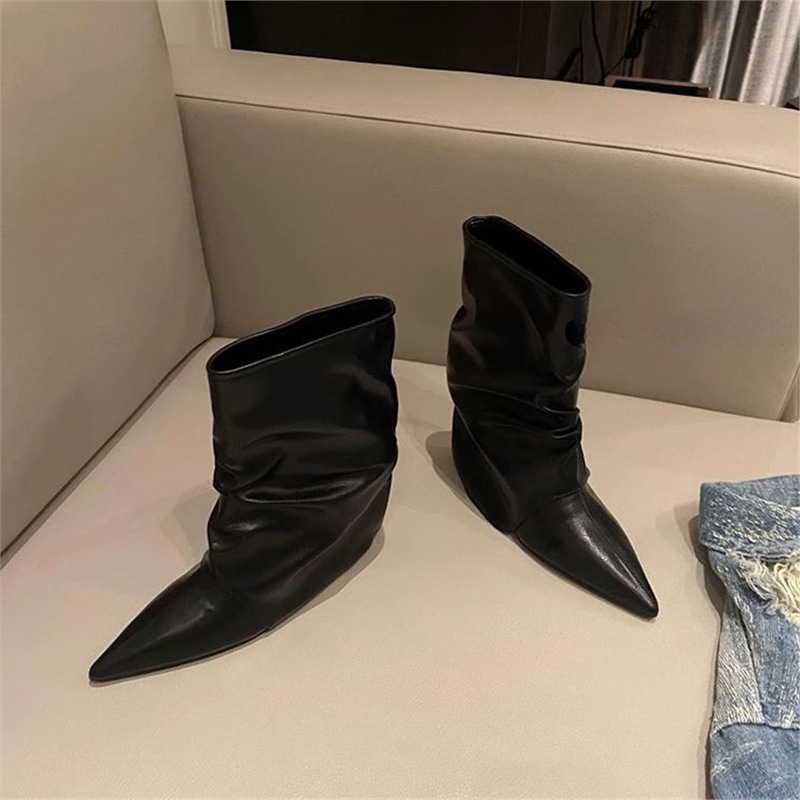 2026 Autumn and Winter New Style Pointed Toe Pleated Bootshoes for Women, Silver Stiletto Heel, Versatile, Slimming, Slip-On High-Heeled Short Boots 2026 Autumn and Winter New Style Pointed Toe Pleated Bootshoes for Women, Silver Stiletto Heel, Versatile, Slimming, Slip-On High-Heeled Short Boots