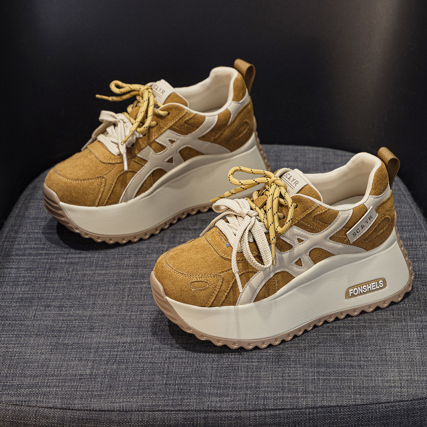 Giày sneaker nữ đế dày tăng chiều cao 7 cm phong cách đa năng mùa thu đông — M2999 li đơn màu vàng, M2999-1 màu vàng nhung, M2999-1 màu nâu cộng nhung, M2999 lớp lót đơn màu nâu