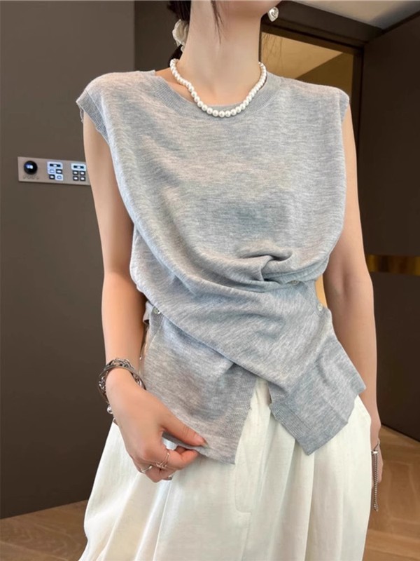6567 # アイスシルクニットノースリーブTシャツレディース夏薄いデザイン小さな香り不規則なショートベストアウターウェア|undefined
