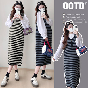 Real shot in stock ~ 2024 autumn and winter suit Korean fashion loose top padded striped vest skirt two-piece set