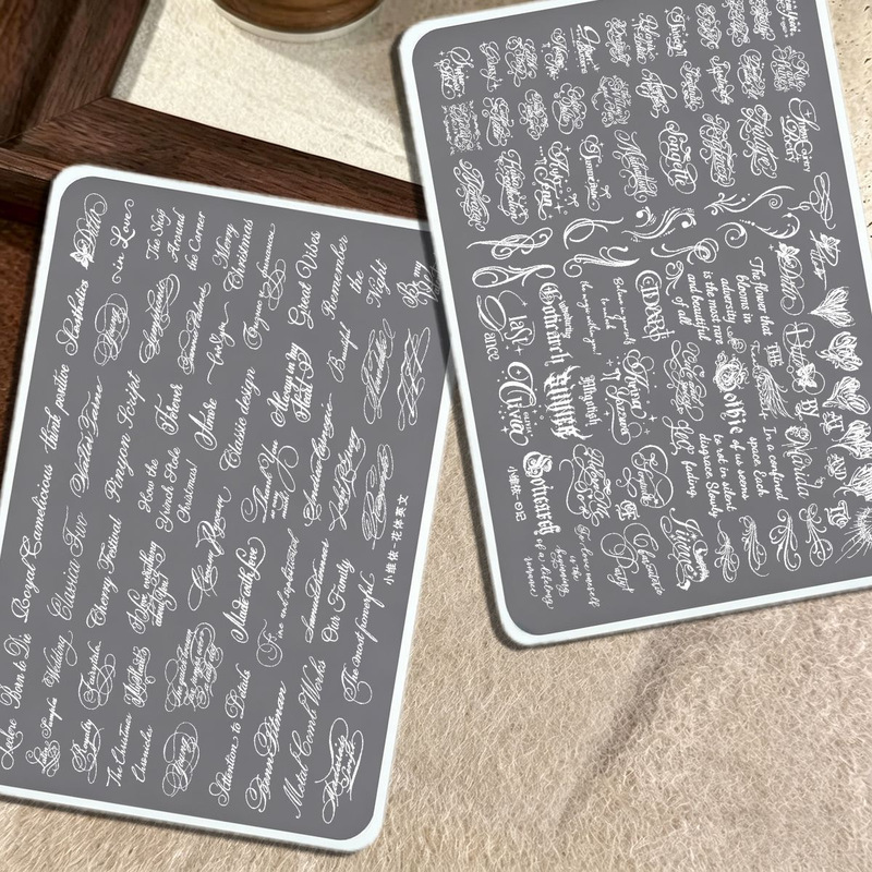 Cross-Border Popular Items from Xiaohongshu: Beautiful English Fonts, Cursive Rhinestones, Vintage English Nail Art Transfer Steel Plate Templates