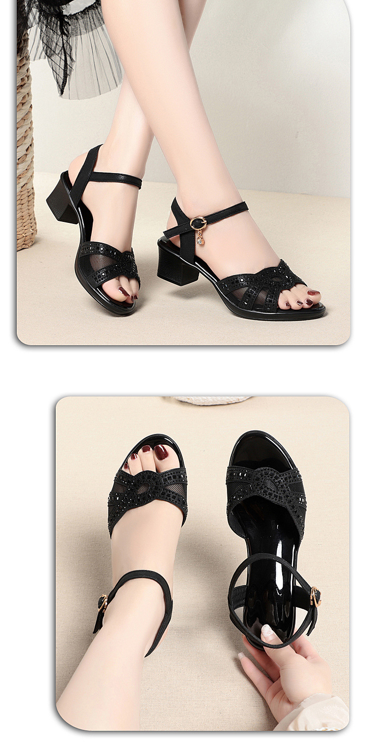 Sandal cao gót nữ quai ngang da thật gót vuông — Màu đen chi tiết 9