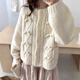奶油白100%羊毛立体手工钩花复古麻花毛衣外套高品质重工