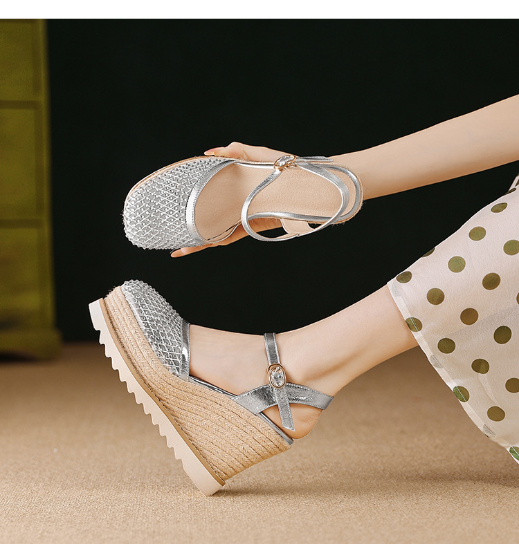 Sandal cao gót nữ mũi nhọn quai ngang đế xuồng đan lưới — màu vàng, bạc chi tiết 11