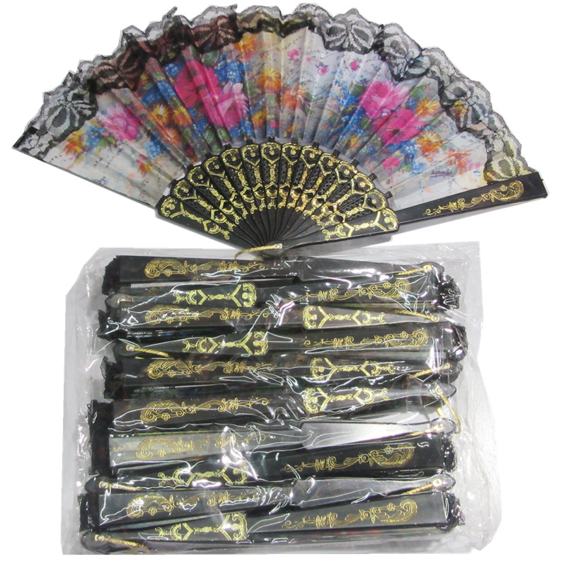 Fabricantes al por mayor belleza de la moda moderna abanico de tela de flores de varilla negra bordado de varilla de plástico abanico de tela de flores de varilla blanca de estilo chino dos estilos
