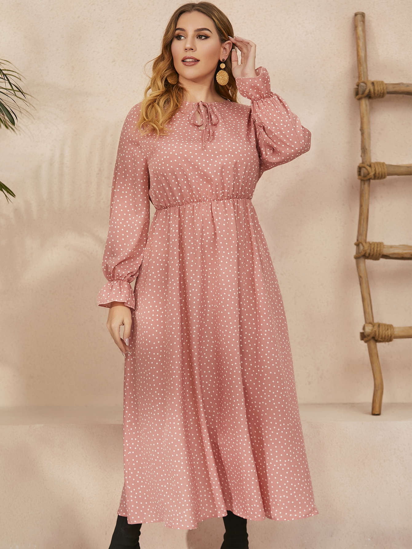 Plus Size Polka-Dot Loose-Fitting Long Sleeve Dress for Women - Ootddress