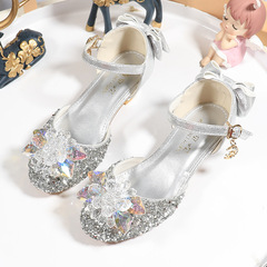 Children's Princess Shoes Dress Silver Performance Crystal Shoes Summer Kids High Heels Model Walk Show Outfit Shoes