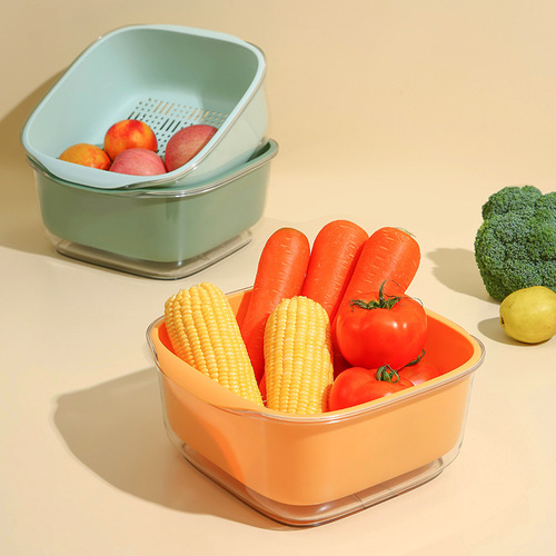 PET double-layer drain basket large contrasting color plastic vegetable basket fruit basin home kitchen storage fruit and vegetable drain basin
