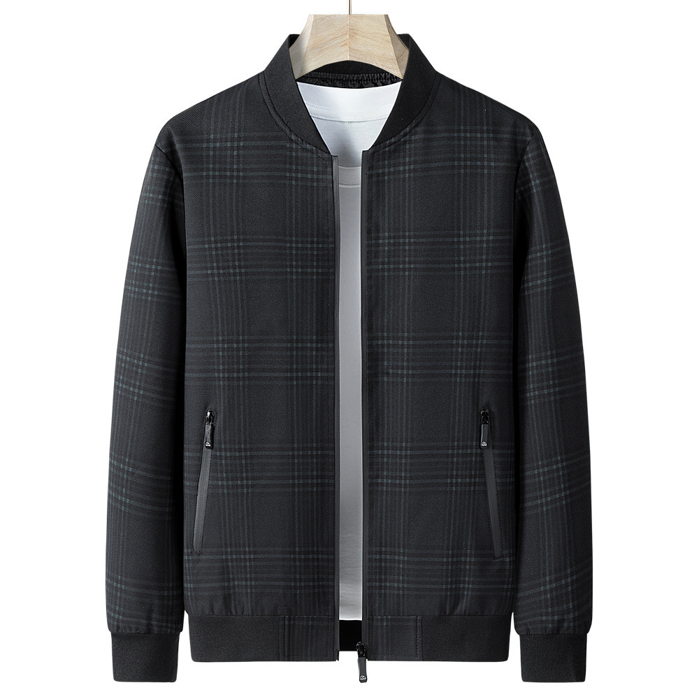 2025格子印花夹克衫中年男春秋棒球领宽松大码中青年休闲夹克外套