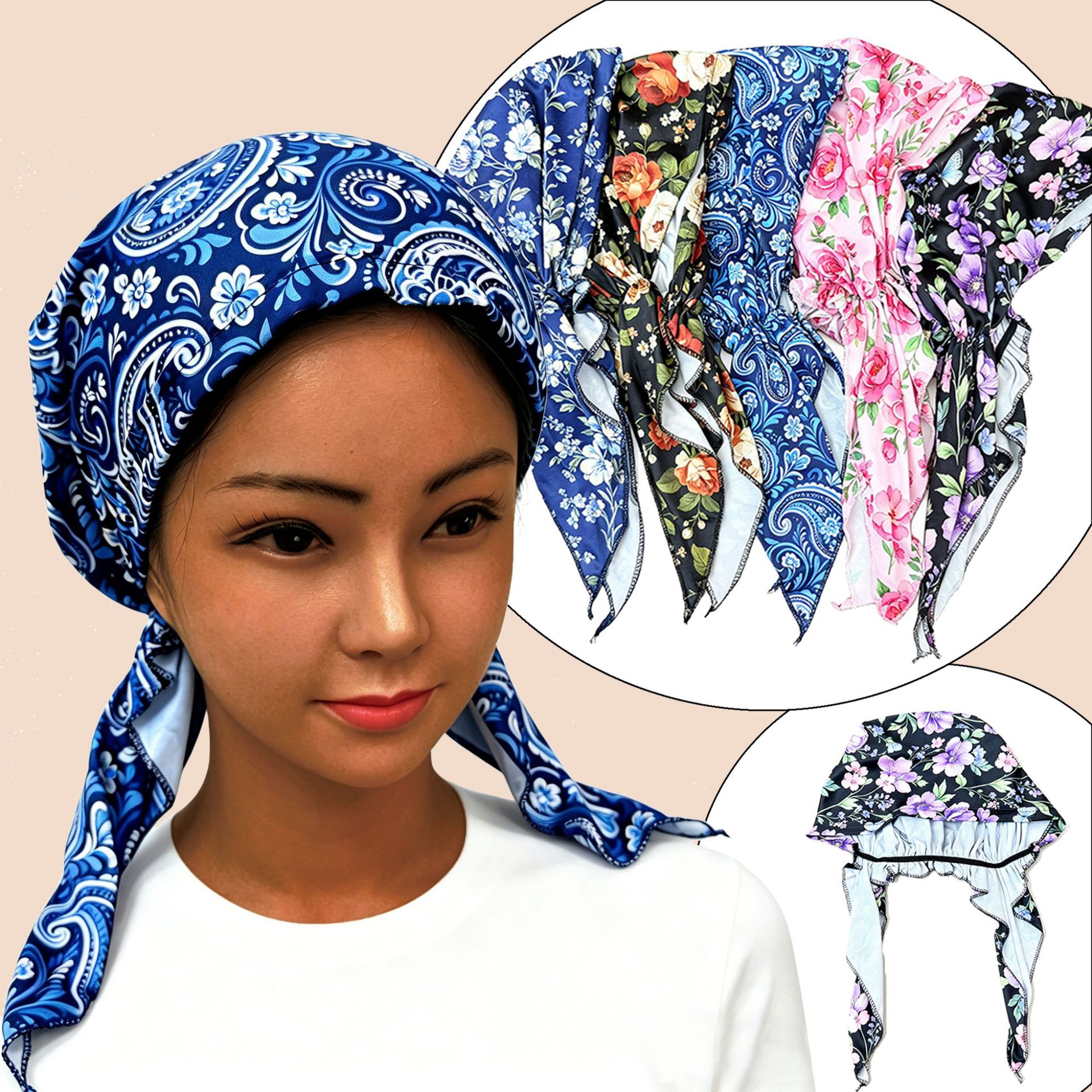 Floral print lady's headscarf hat, breathable head wrap, ethnic style hair protection cap, cross-border bestseller