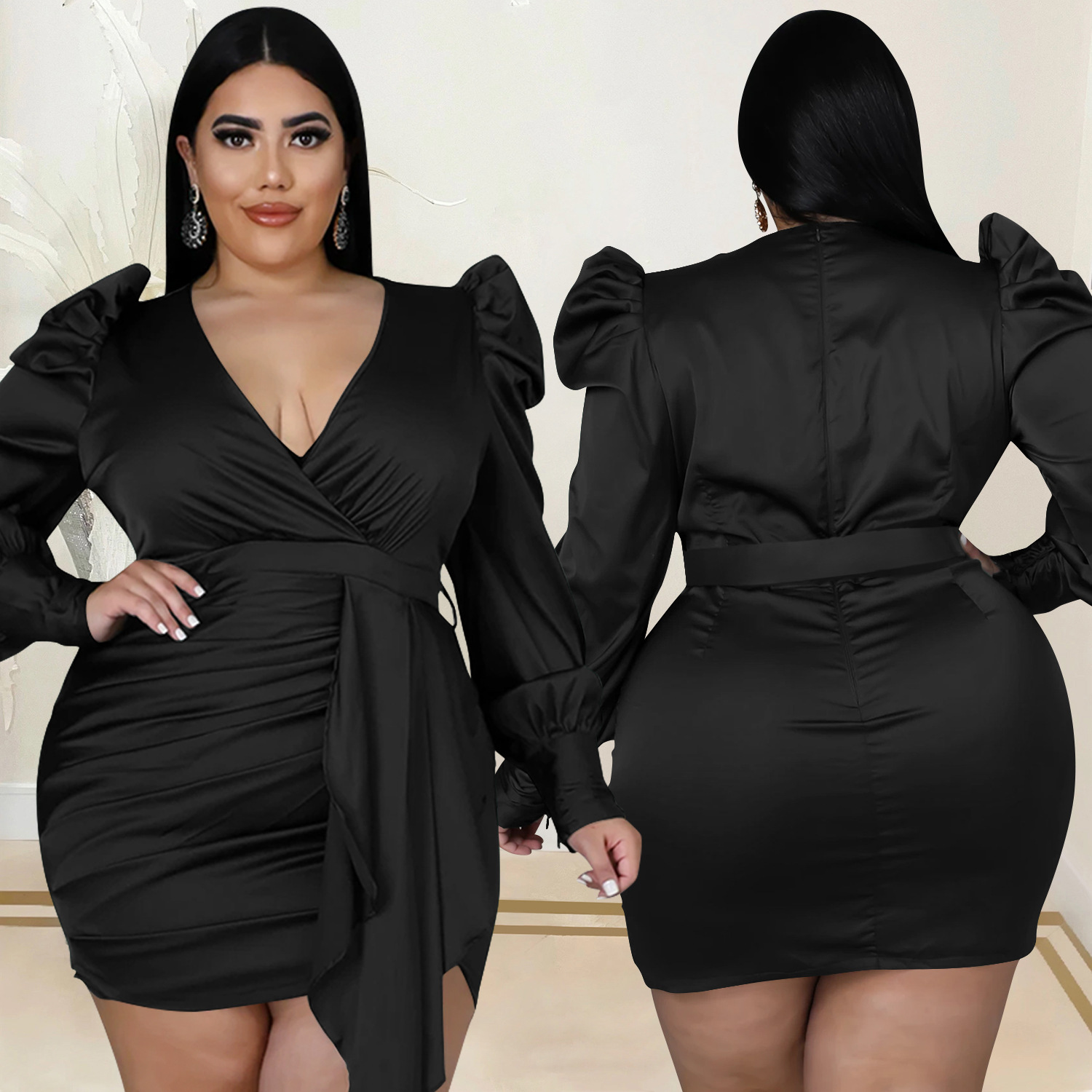 Solid Color Plus Size Deep V Long-Sleeved Pleated Dress NSXYZ110904