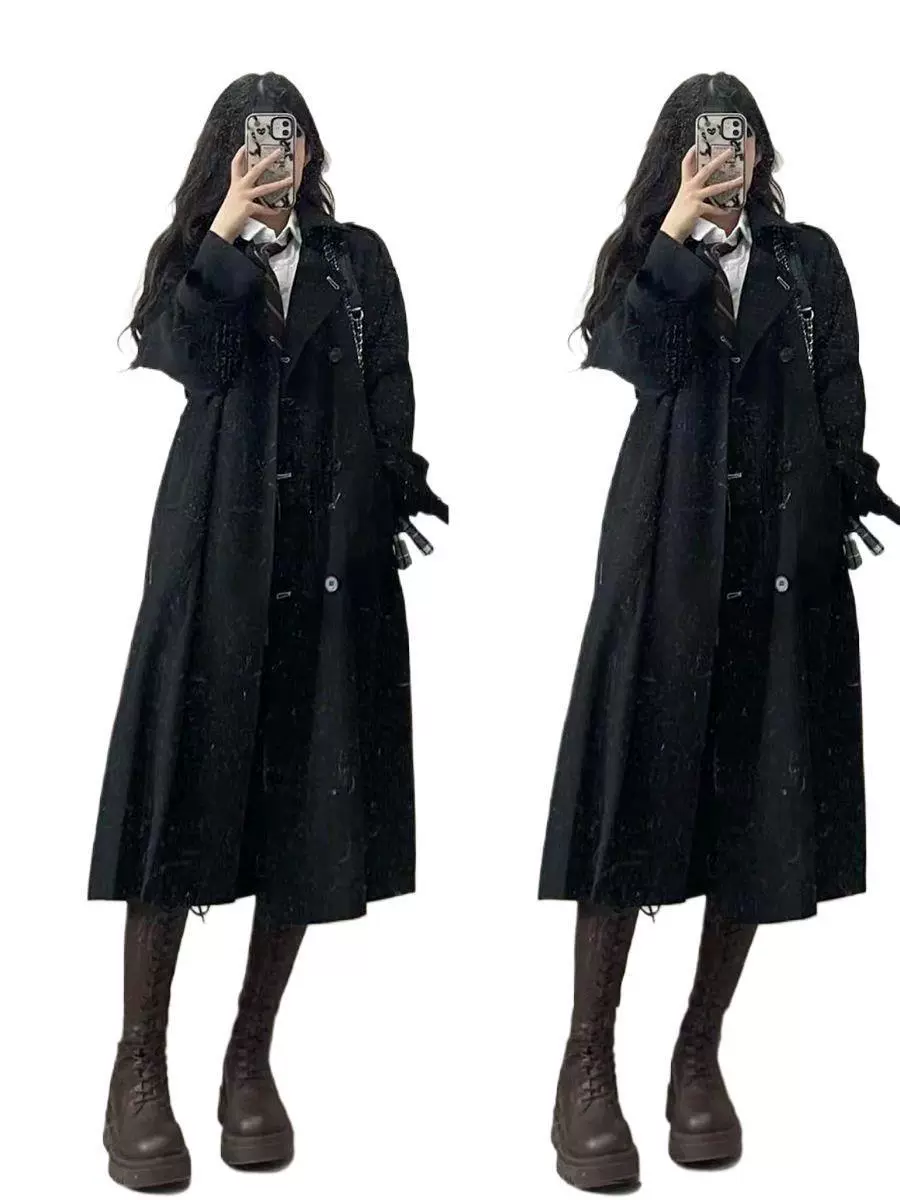 Черное trench coat, осеннее маленькое пальто для студентов, корейский стиль, западный стиль, для подростков