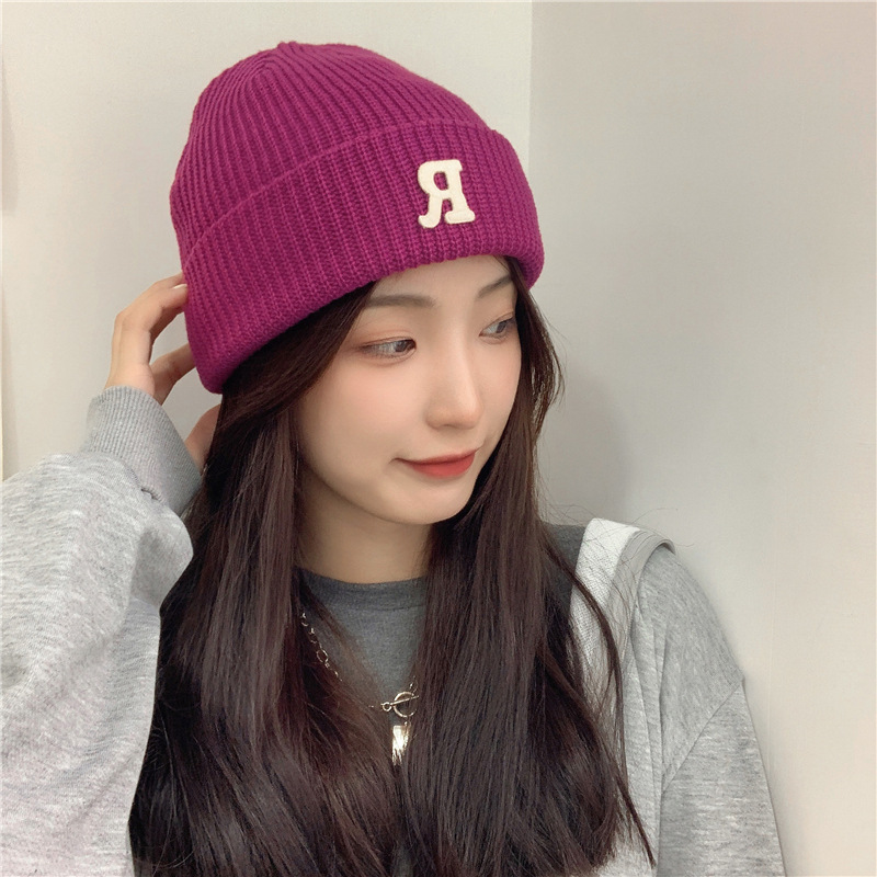 Jesenný a zimný teplý všestranný párový pulóver vlnená čiapka Pletená čiapka s písmenom R_voghion.com