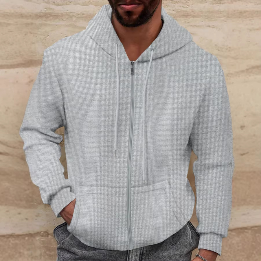 Men's Waffle Knit Hooded Zip Up Jacket For Spring And Autumn_voghion.com