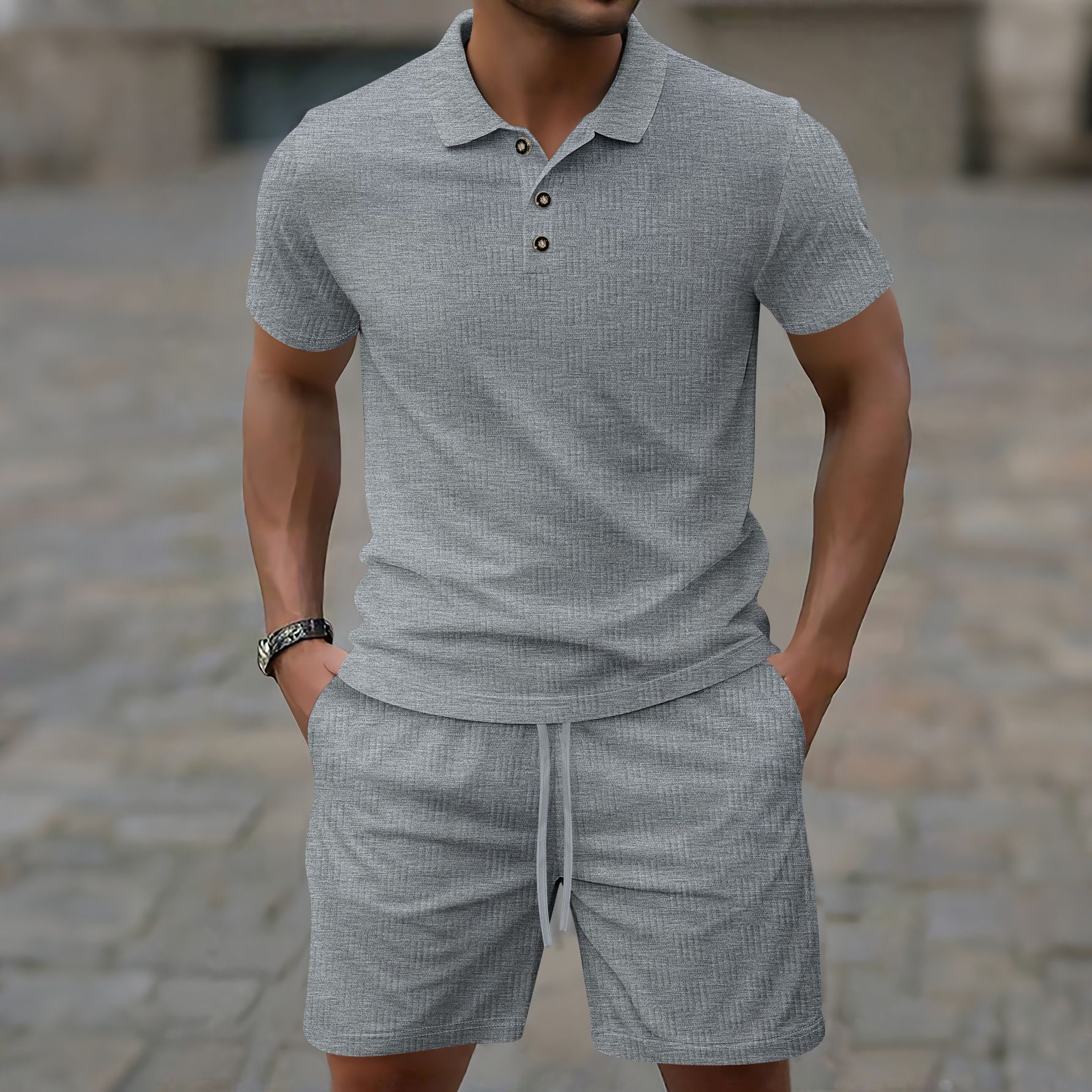 2025 cross-border summer new European and American foreign trade casual men's solid color jacquard lapel button short sleeve shorts suit