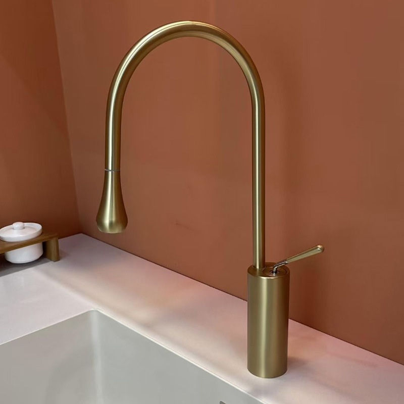 Kitchen Sink Hot and Cold Dual-Use Faucet, Stainless Steel Swivel Pull-Out Balcony Faucet, Gold Color