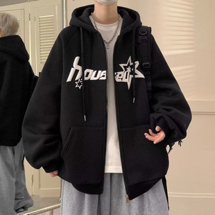 American Style Sweater Jacket Men's Autumn and Winter Loose Casual Couple Hooded Sweater New fleece-lined Zipper Cardigan Hoodie