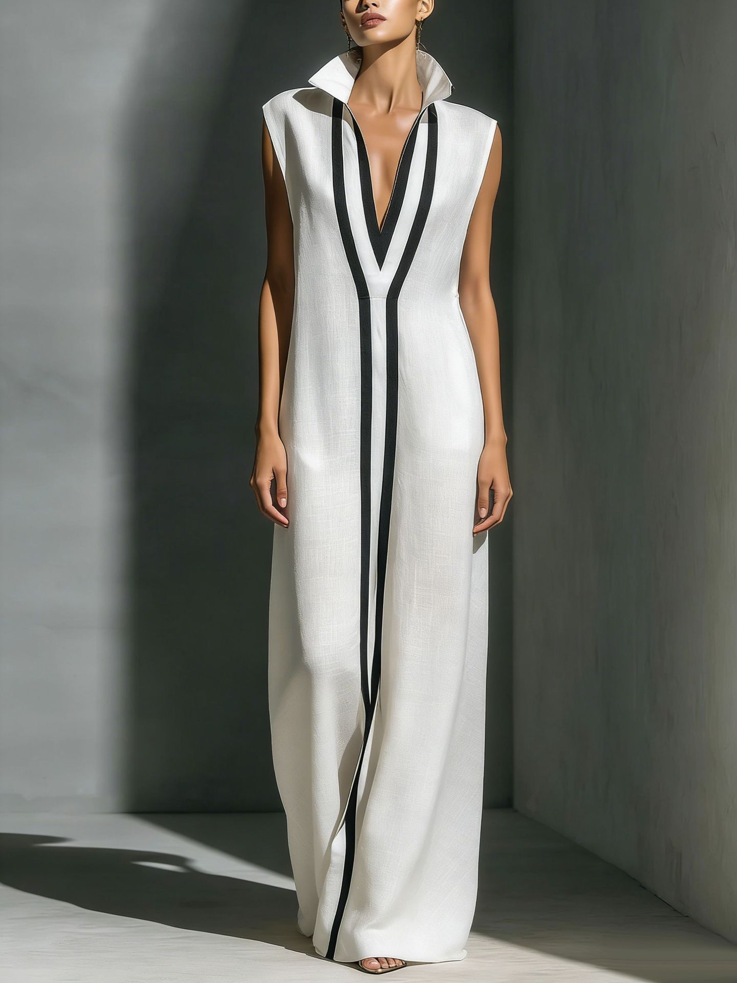 Elegant V-Neck Color-Block Casual Midi Dress For Women, Breathable Stretch A-Line Sundress For Daily Wear, Travel, And Office_ecoleips.com