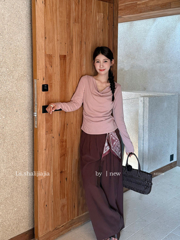 LS述致 纯色荡领长袖针织上衣2025早秋新品T恤打底衫女装 61059#|undefined