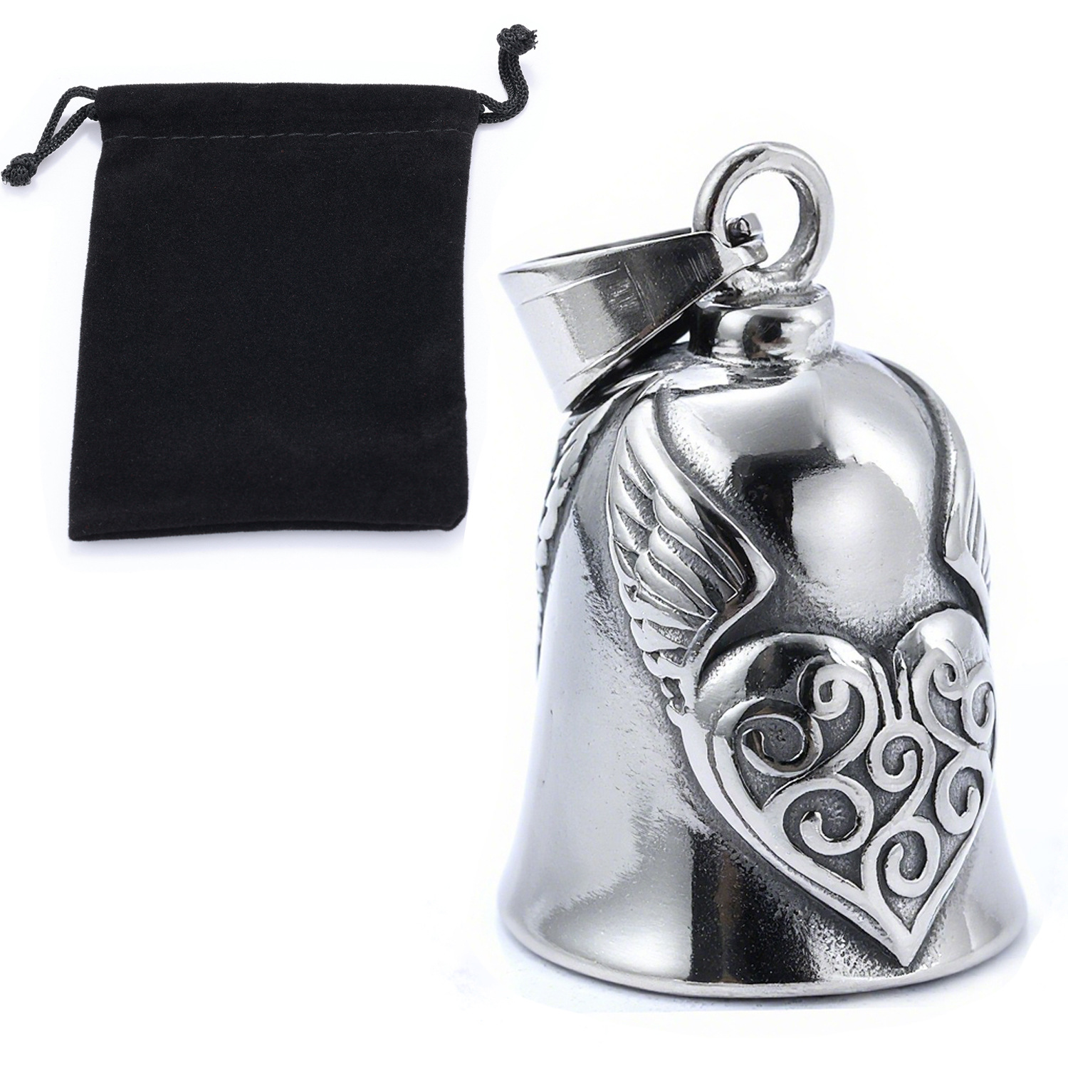 Moto de personalidad europea y americana transfronteriza, santo patrón de la conducción, material de acero inoxidable, alas de amor, campana, negro retro