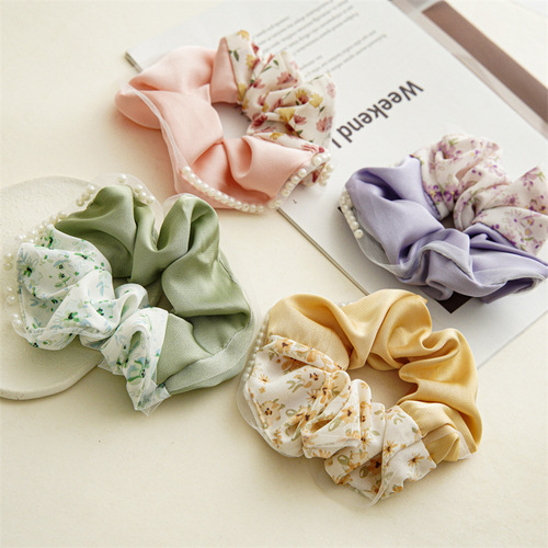 Summer sweet color-blocked floral fabric satin large intestine hair tie hair accessory for women's back ponytail rubber band hair rope